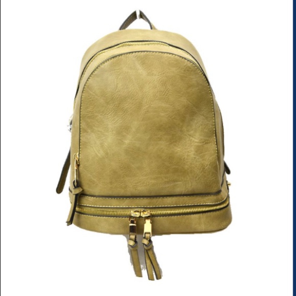 Olive Green Faux Leather 3Zipper Backpack